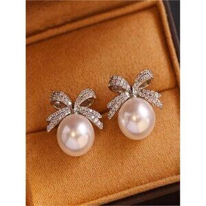 Silver Pearl Rhinestone Bow Decor Stud Earrings For Women Jewelry Gift